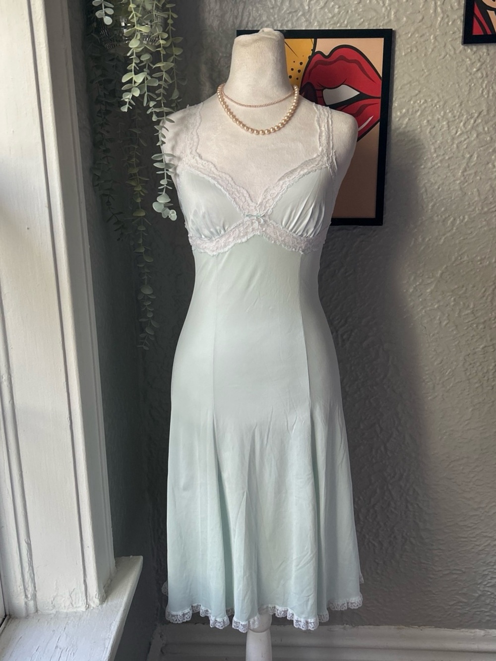 vintage 70s-80s Olga baby blue lacey slip dress with white lace trim